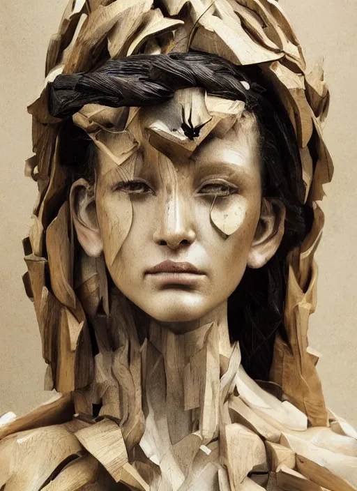 Image similar to sculpture made of wood, portrait, female, future, shaman, harper's bazaar, vogue, magazine, intricate, concept art, close up, ornate, luxury, elite, elegant, trending on artstation, by ruan jia, by Kenneth Willardt, by ross tran, by WLOP, by Andrei Riabovitchev,