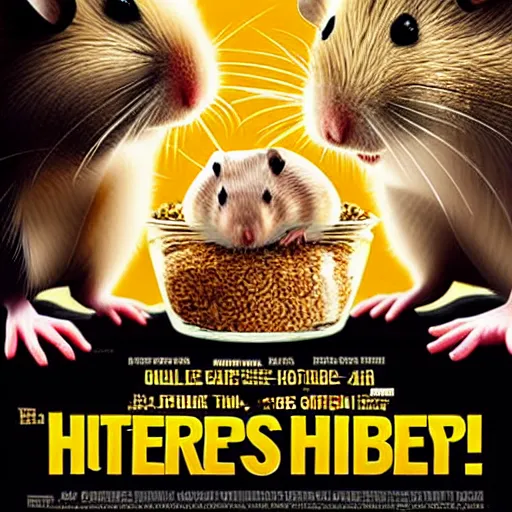 Image similar to an epic movie poster of a movie where a homeless hamster eats so much oatmeal he becomes obese, extremely fat hamster