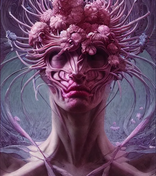 Image similar to portrait, beautiful madness, flowers by wayne barlowe, toru kamei, artgerm and greg rutkowski, tanaka suguru, itsuko azuma, kinuko y. craft, mysterious, abstract aesthetic!!! hyper detailed