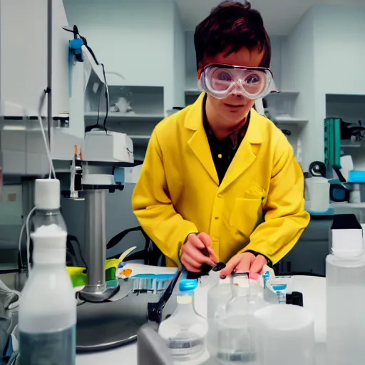 Prompt: winnie the pooh dressed in a lab coat working in a brightly lit laboratory.