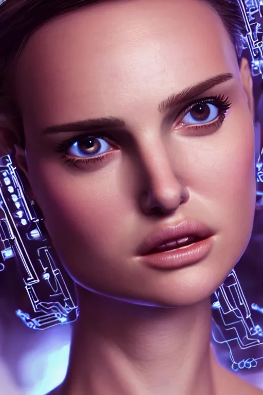 Image similar to close up headshot of Natalie Portman as a female android, intricately detailed mechanical parts, complicated circuits and wires, beautiful gazing symmetric blues eyes, unreal engine, path tracing, 8k, artstation