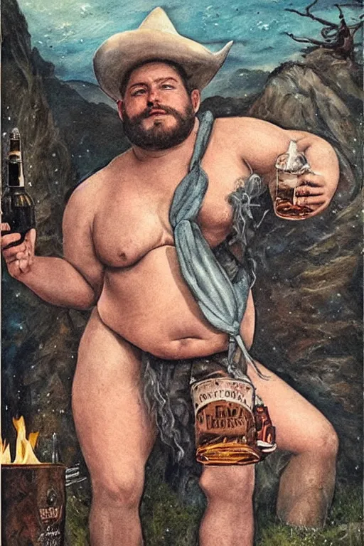 Prompt: a dramatic, epic, ethereal painting of a !!!handsome!!! thicc chunky beefy mischievous shirtless with a big beer belly wearing a large belt and bandana offering a whiskey bottle | he is a cowboy short beard hat relaxing by a campfire | background is a late night with food and jugs of whisky | homoerotic, rugged | stars, tarot card, art deco, art nouveau, mosaic, intricate | by Mark Maggiori (((and Alphonse Mucha))) | trending on artstation