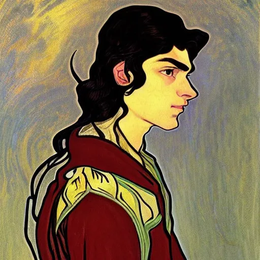 Image similar to painting of young handsome beautiful paladin elf!! man with long! wavy dark hair in his 2 0 s named shadow taehyung minjun at the blueberry party, wearing armor!, elegant, clear, painting, stylized, delicate, soft facial features, art, art by alphonse mucha, vincent van gogh, egon schiele,