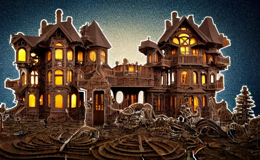 Image similar to one single stand alone huge hyperdetailed elaborate home, seen from the long distance, at night. in a wood made of paper and plastics. maximalist unespected elements. free sky in matte warm tones. 8 x 1 6 k hd mixed media 3 d collage in the style of a childrenbook illustration in pastel tones. matte background no frame hd