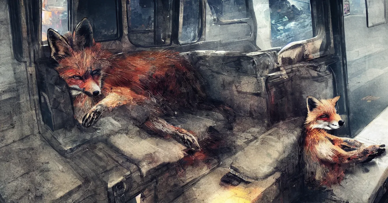 Prompt: A homeless, neglected fox in an old coat sits sleepy on a dirty seat in a old russian subway car,cyberpunk 2077, amazing digital art