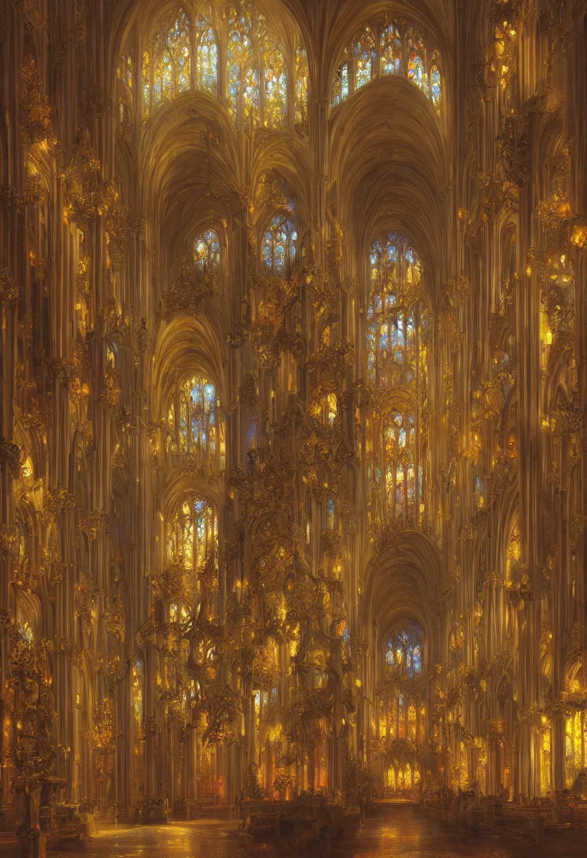 Prompt: nave of gigantic baroque cathdral, sunrays, Thomas Kinkade