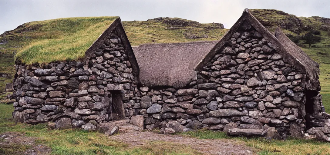 Image similar to scottish blackhouse made of pentelic marble. sold by sotheby's for 9 million dollars. fujinon premista 1 9 - 4 5 mm t 2. 9. portra 8 0 0.