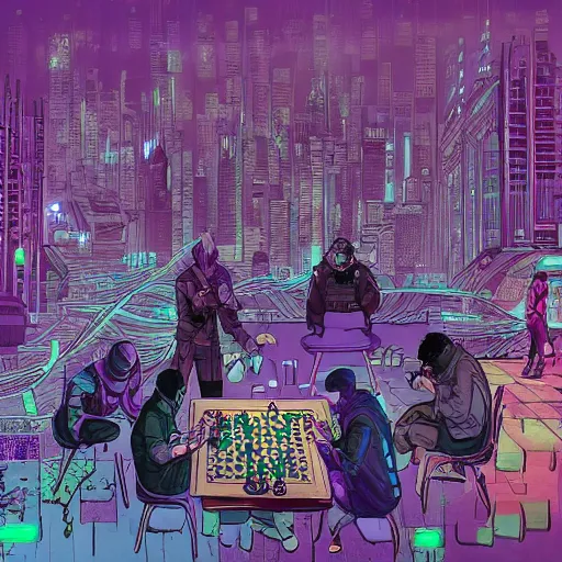 Prompt: high detailed people playing chess in a cyberpunk rainy city at night by josan gonzalez, eliran kantor, hand drawn, illustration, purple and blue neons, unreal engine, high quality, 4 k, uhd, trending on artstation, wires, blade runner vibes, ghost in the shell, akira, dorohedoro