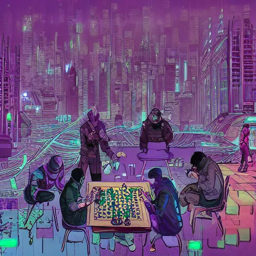 Cyberpunk chess board over cityscape