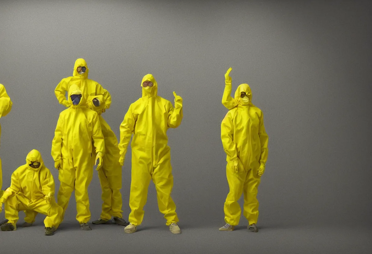 Image similar to 3 people in yellow hazmat suits in an endless maze of randomly generated office rooms and other environments. It is characterized by the smell of moist carpet, walls with a monochromatic tone of yellow, and buzzing fluorescent lights. 4k, hd, photorealistic