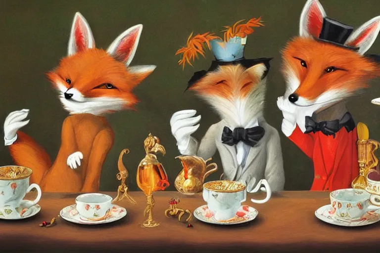 Prompt: anthropomorphic foxes wearing monocles and top hats at a tea party, style of kitsch art painting