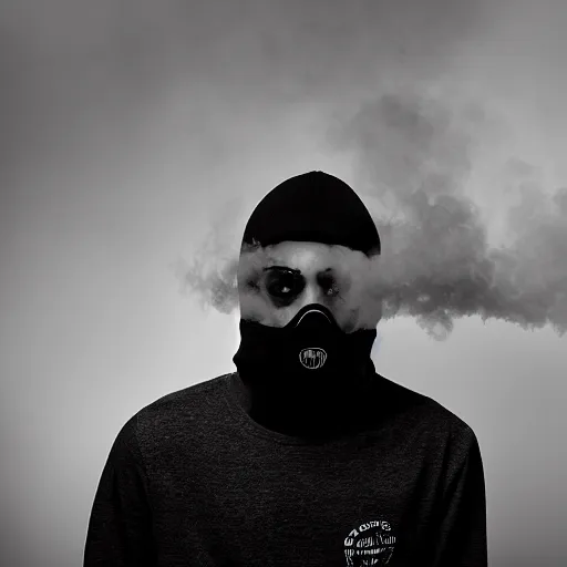 Image similar to a portrait of a teenager wearing a black balaclava in a tear gas cloud, facing camera, smoke, riot, photojournalism, f 2, nikon, studio portrait, haze, volumetric lighting, eerie