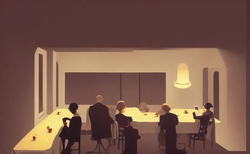 Prompt: a mysterious surreal dimly lit dinner scene illustration by atey ghailan and escher and edward hopper, surreal