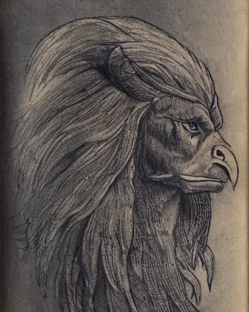 Prompt: human / eagle / lion / ox hybrid. drawn by da vinci