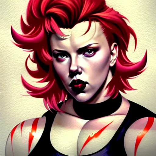 Image similar to greg manchess portrait of scarlett johansson as thick very muscular gothic weightlifter zarya from overwatch with short red hair and black lipstick, fantasy medium shot, asymmetrical, profile picture, organic painting, sunny day, matte painting, bold shapes, hard edges, street art, trending on artstation, by huang guangjian and gil elvgren and sachin teng