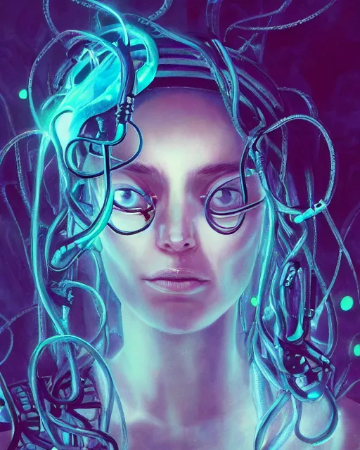 Prompt: muted, minimal, a cyberpunk close up portrait of cyborg medusa, electricity, snakes in hair, sparks, bokeh, soft focus, skin tones, warm, sky blue, daylight, by paul lehr, jesper ejsing