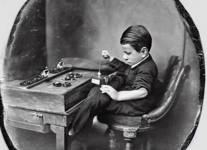 Image similar to a daguerrotype photo of a boy playing videogames, award winning photo