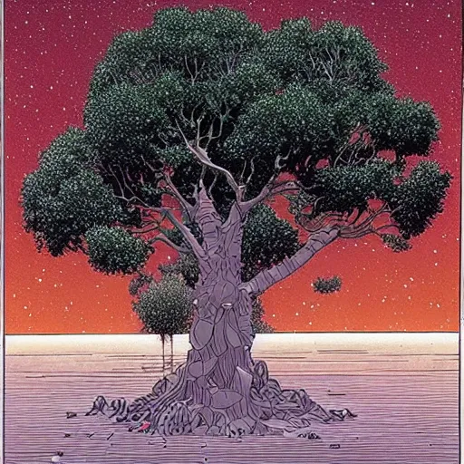 Image similar to a large tree growing from a crystal that is floating in space, by moebius