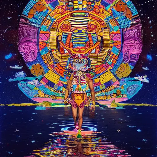 Image similar to a mayan warrior walking on water under the stars by takashi murakami, beeple and james jean, aya takano color style, 4 k, super detailed