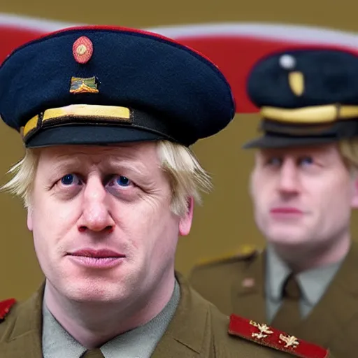 Image similar to movie scene boris johnson in ussr soldiers uniform, photorealistic, highly detailed 8 k