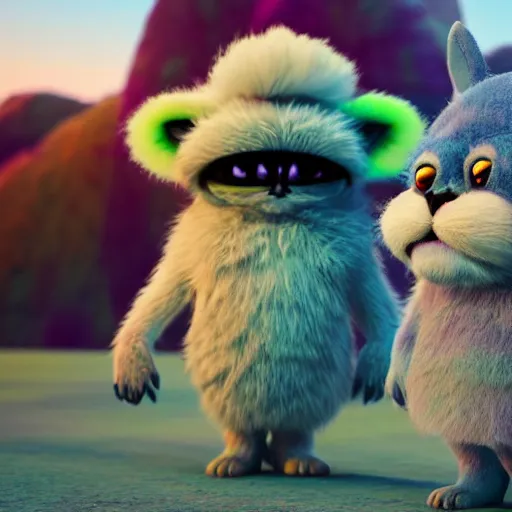 Prompt: cute colorful fuzzy furry alien monsters with big eyes and big ears, long detailed striped fur with gradient colors, detailed high quality 3 d render unreal engine in the style of maurice sendak, 4 k