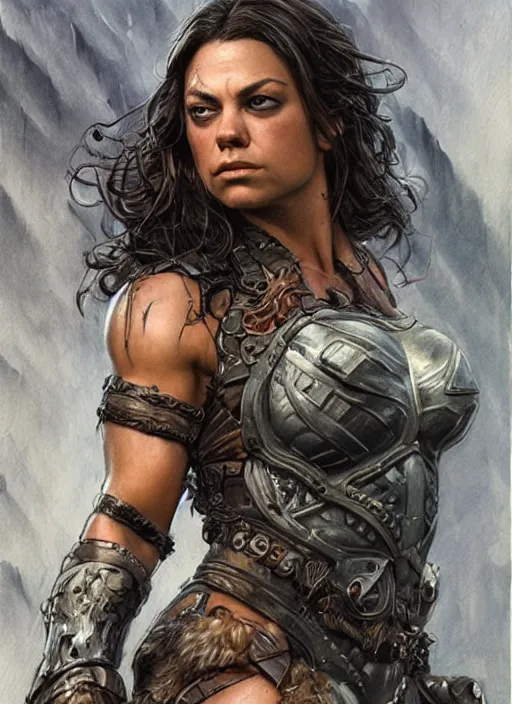 Image similar to exhausted Mila Kunis as a very muscled rugged looking Amazon, dirty, sweating, intricate, elegant, highly detailed, artstation, concept art, sharp focus, art by artgerm and donato giancola and Joseph Christian Leyendecker, WLOP