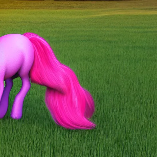 Prompt: a pink pony with pink hair standing in the grass, a 3 d render, featured on deviantart, photorealism, hyper - realistic, rendered in maya