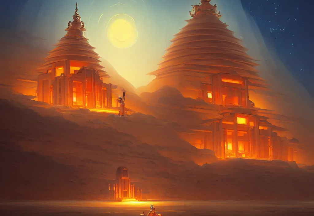 Image similar to a small chubby futuristic temple in the desert at night, intricate oil painting, high detail illustration, sharp high detail, manga and anime 1 9 9 9, official fanart behance hd artstation by jesper ejsing and makoto shinkai, 4 k,