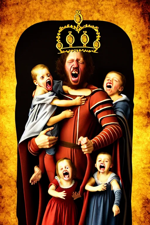 Prompt: renaissance style creepy family screaming, wearing a crown and a cape, dark background, atomic explosion