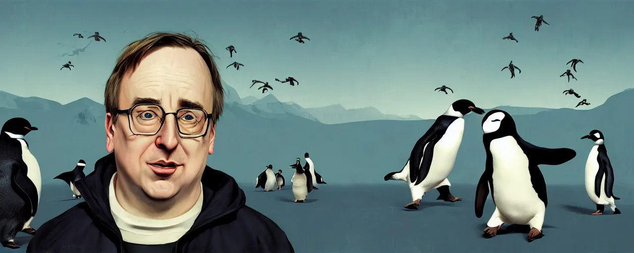 Prompt: duotone abstrac tconcept illustration 3 / 4 portrait of linus torvalds with penguins in the background. cinematic scene. vlumetric lighting. golden rario accidental renaissance. by sachin teng and sergey kolesov and ruan jia and heng z. graffiti art, scifi, fantasy, hyper detailed. octane render. concept art. trending on artstation