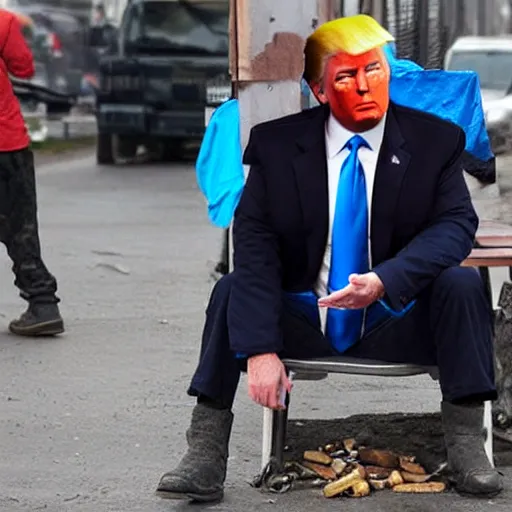 Image similar to donald trump dressed as a homeless man living in the slums