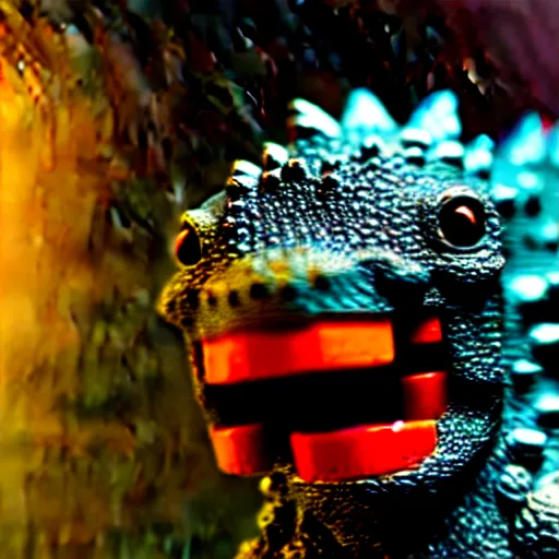 Image similar to a small godzilla running in a subway, photorealistic, macro lens, close-up