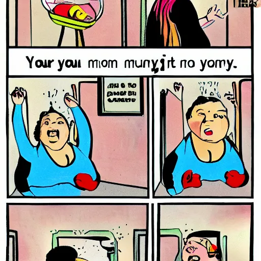 Prompt: your mama is so fat she has her own gravity, comic style, coloured ink