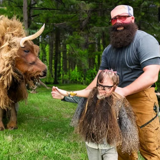 Image similar to aggressive bearded forestry man pushing kids out of the way at a petting zoo with lammas