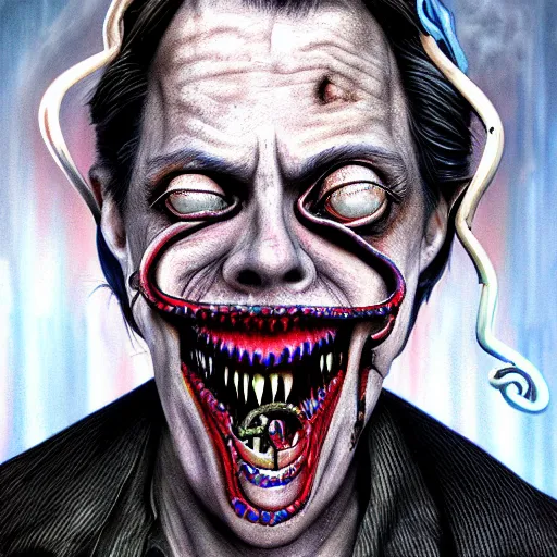 Prompt: steve buscemi's horror version. an unnatural abomination with long teeth, many tentacles, and gray skin. grunge, horror, dmt, dark and muted colors, detailed airbrush art, by yves klein