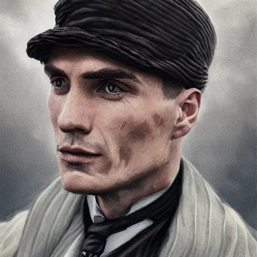 Image similar to a portrait of thomas shelby from the peaky blinders in front of atlantis, in the style of Benjamin Bader, sharp, highly detailed, realistic face, digital art, epic, fantasy, artstation