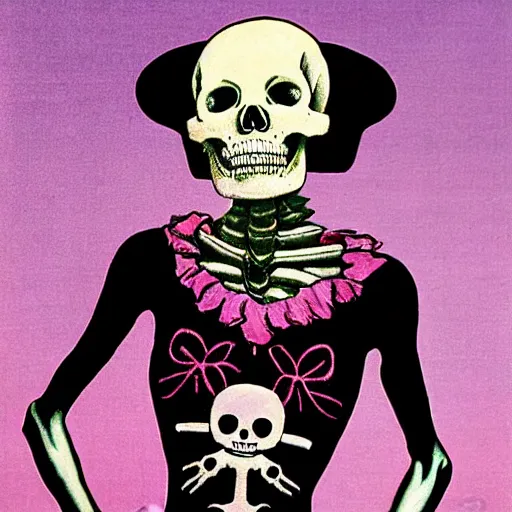 Prompt: portrait painting young woman skeleton, skull, hello kitty, comic book, elegant, highly detailed, painted by maxfield parrish and ditko