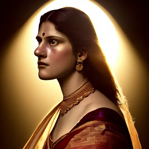 Image similar to photographic portrait of a stunningly beautiful renaissance female in traditional sari dress, white irises and dark eye makeup, in soft dreamy light at sunset, god rays, contemporary fashion shoot, by edward robert hughes, annie leibovitz and steve mccurry, david lazar, jimmy nelsson, extremely detailed, hyperrealistic, perfect face, octane render