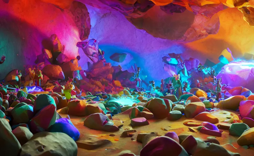 Prompt: mayhem inside the cheese cavern, bright and colorful octane render, high contrast, ray-tracing, natural lighting, 4k, high quality, trending on artstation