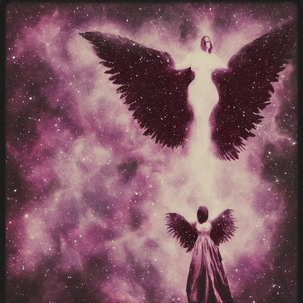 Image similar to a lost female angel glaring into your eyes, deep cosmic eyes, wide long wings made from dark cosmic nebulas, realistic photograph, polaroid pic by horror