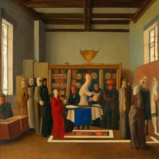 Prompt: A beautiful painting of a group of people standing around a circular table. In the center of the table is a large, open book. The people in the painting are looking at the book with interest and appear to be discussing its contents. oil and canvas, cyberpunk, avant garde by Jean Fouquet 8k