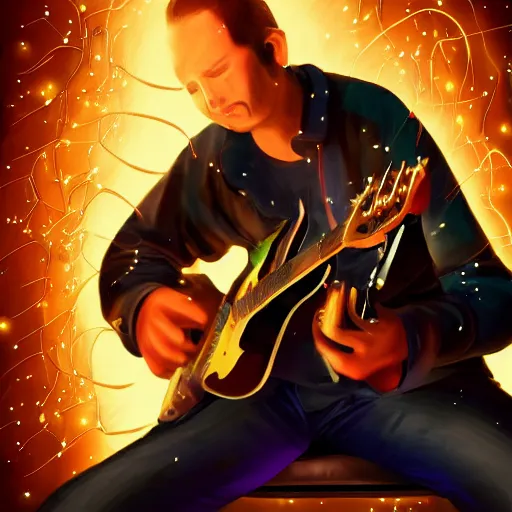 Image similar to a guitarist playing so intensely there is electricity shooting out from his guitar, energy beams under his finger tips, and magic sparkles from the freboard, amazing ditial art, trending on artstation, featured on deviantart