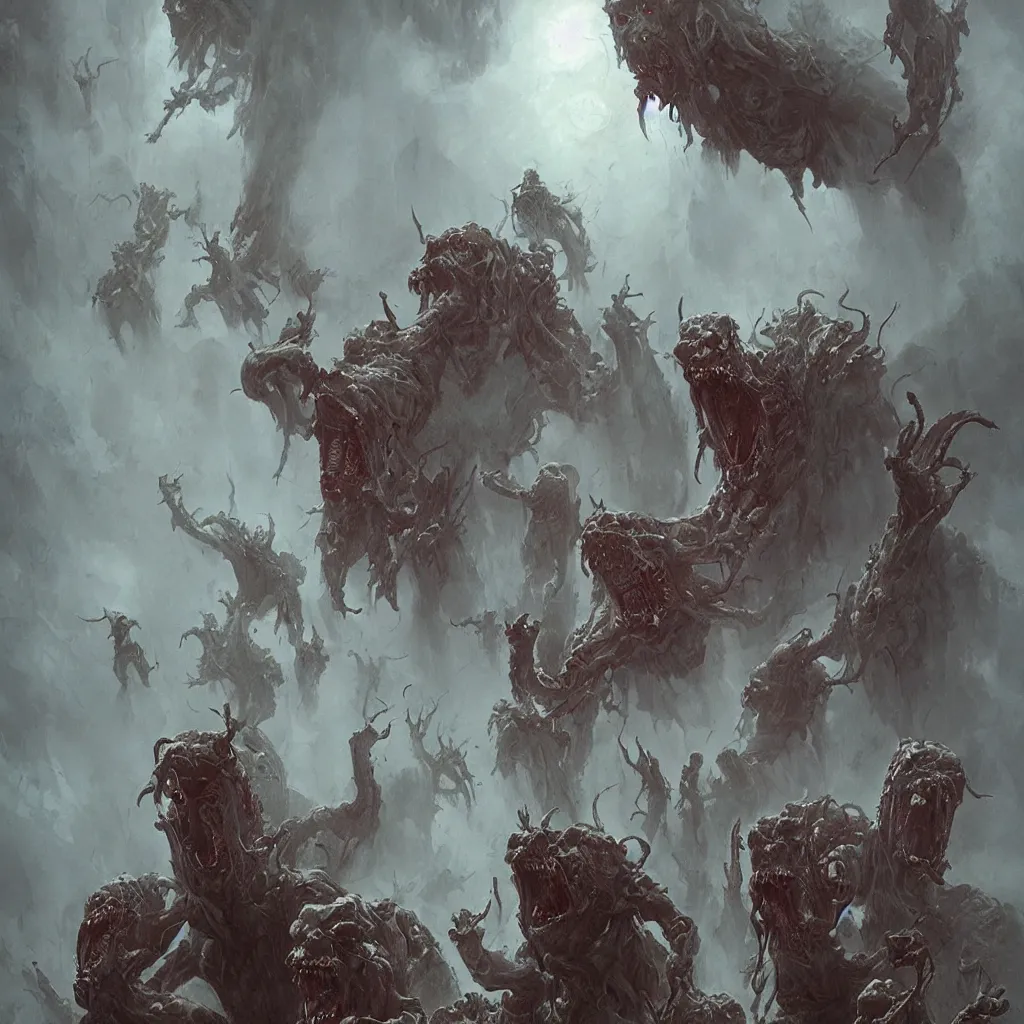 Image similar to sentient ghostbusters bizarre demi - gods expelling demons by greg rutkowski, zdzislaw beksinski,