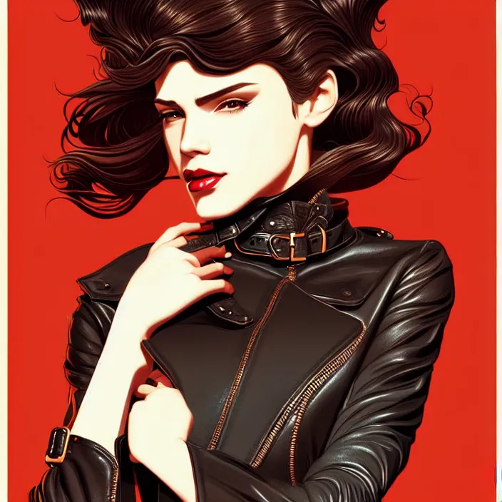 Image similar to woman in leather illustration, vector art style, medium shot, intricate, elegant, highly detailed, digital art, ffffound, art by jc leyendecker and sachin teng