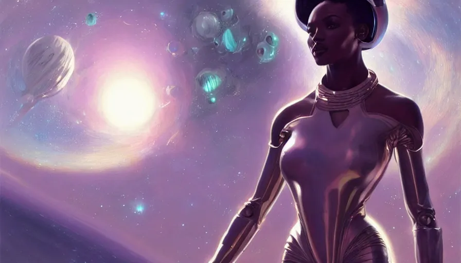 Prompt: concept art of very very very very very very beautiful african woman, futuristic spacesuit, floating in space with epic cosmos in the background, real life skin, intricate, elegant, highly detailed, artstation, concept art, smooth, sharp focus, art by artgerm and greg rutkowski and alphonse mucha