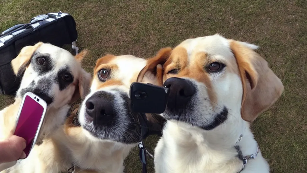 Prompt: Selfie shot angle of a dog taking a selfie. .