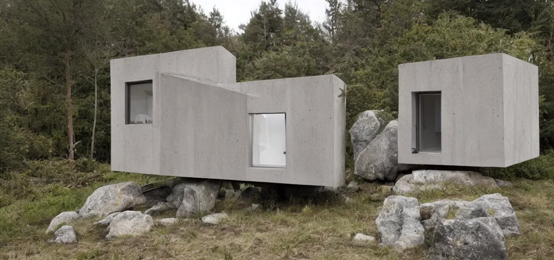 Image similar to brutalist tiny home made of stone