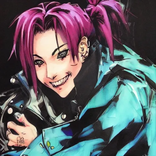 Image similar to jolyne cujo smiling, yoji shinkawa