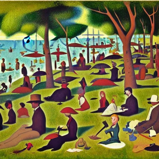 Image similar to a sunday afternoon on the island of la grande jatte, by mike mignola