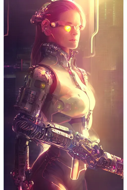 Image similar to portrait futuristic Cyber warrior Girl, in future cyberpunk tokyo rooftop , ssci-fi, fantasy, intricate, very very beautiful, elegant, neon light, highly detailed, digital painting, artstation, concept art, smooth, sharp focus, illustration, art by WLOP and tian zi and alphonse mucha